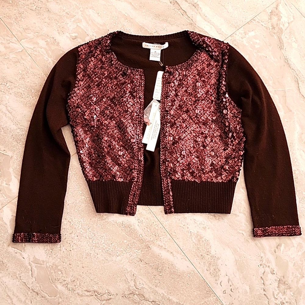 NWT SUSANA MONACO BROWN BUTTON UP SEQUIN SWEATER, SIZE MEDIUM